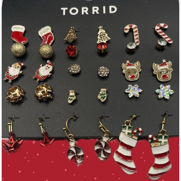 Torrid Holiday & Winter Season Array of Red-Gold Wire & Stud Earrings-15 PC Set - Picture 1 of 2